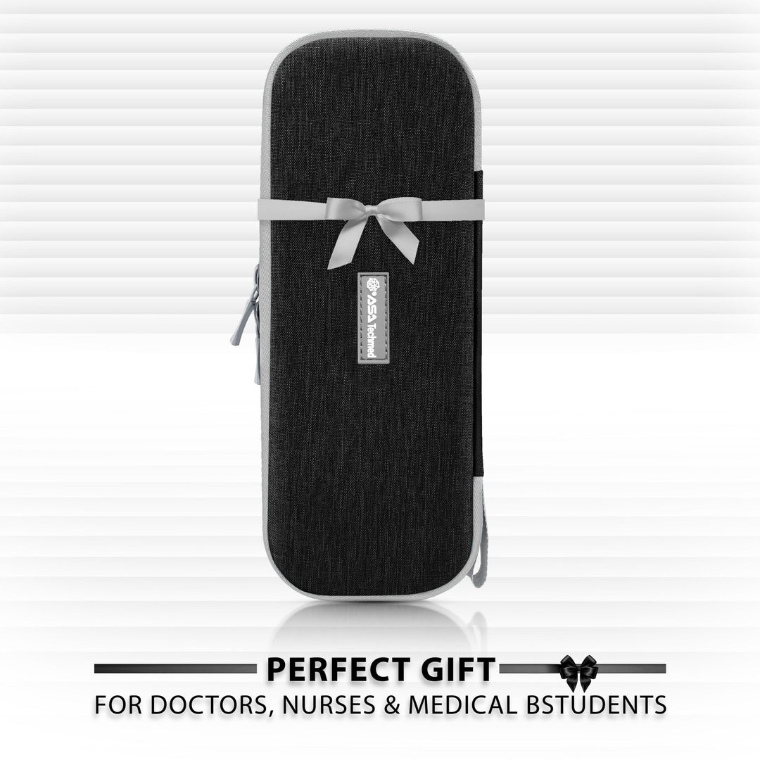 Closed black medical case with a gray ribbon tied in a bow. Text below reads: Perfect Gift for doctors, nurses & medical students.