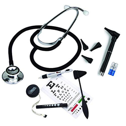 Dual Head Stethoscope Set with Snellen Eye Chart, Taylor Percussion Hammer, Otoscope w/Batteries, LED Pupil Gauge Penlight, Retractable Tape Measure, 4 in 1 Color Ballpoint Pen - ASA TECHMED