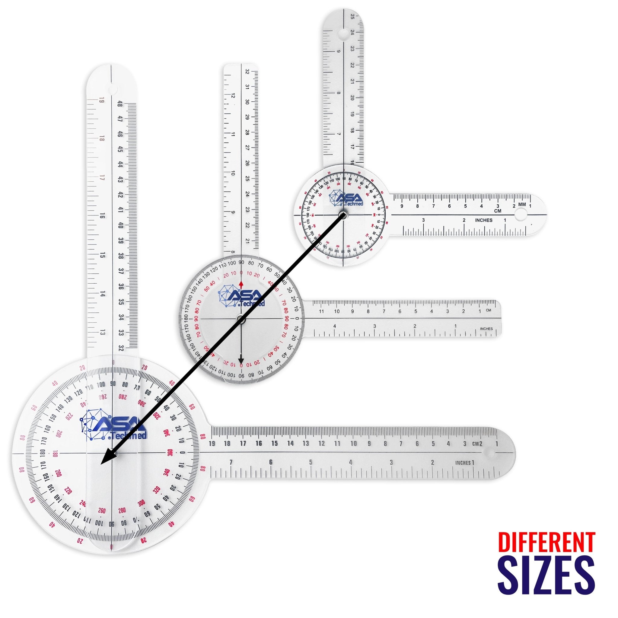 Three goniometers of different lengths (12", 8", 6") arranged in a fan shape. Text reads: Different Sizes.