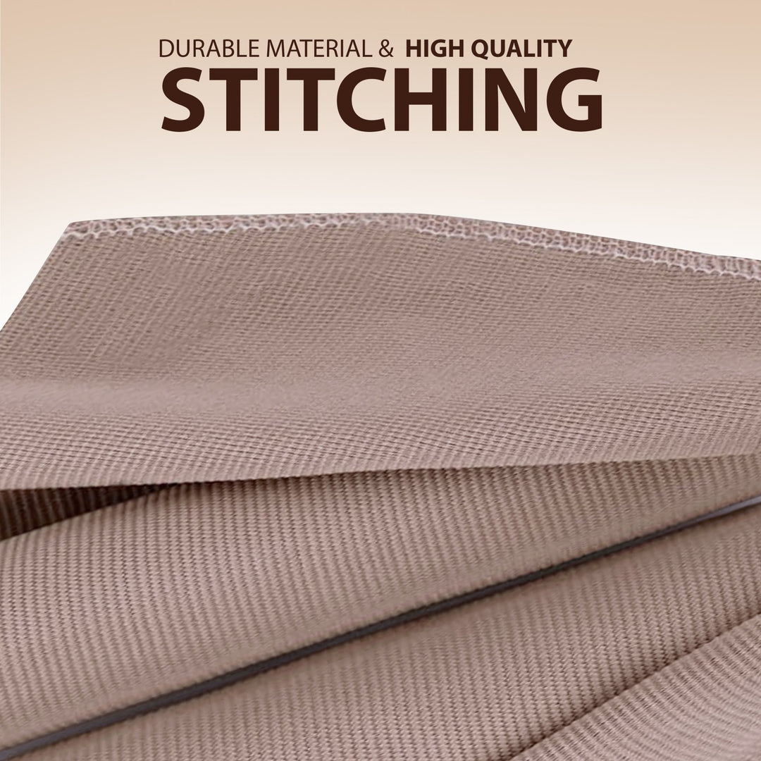 Macro shot of beige bandage fabric texture. Text reads: Durable Material & High Quality Stitching.