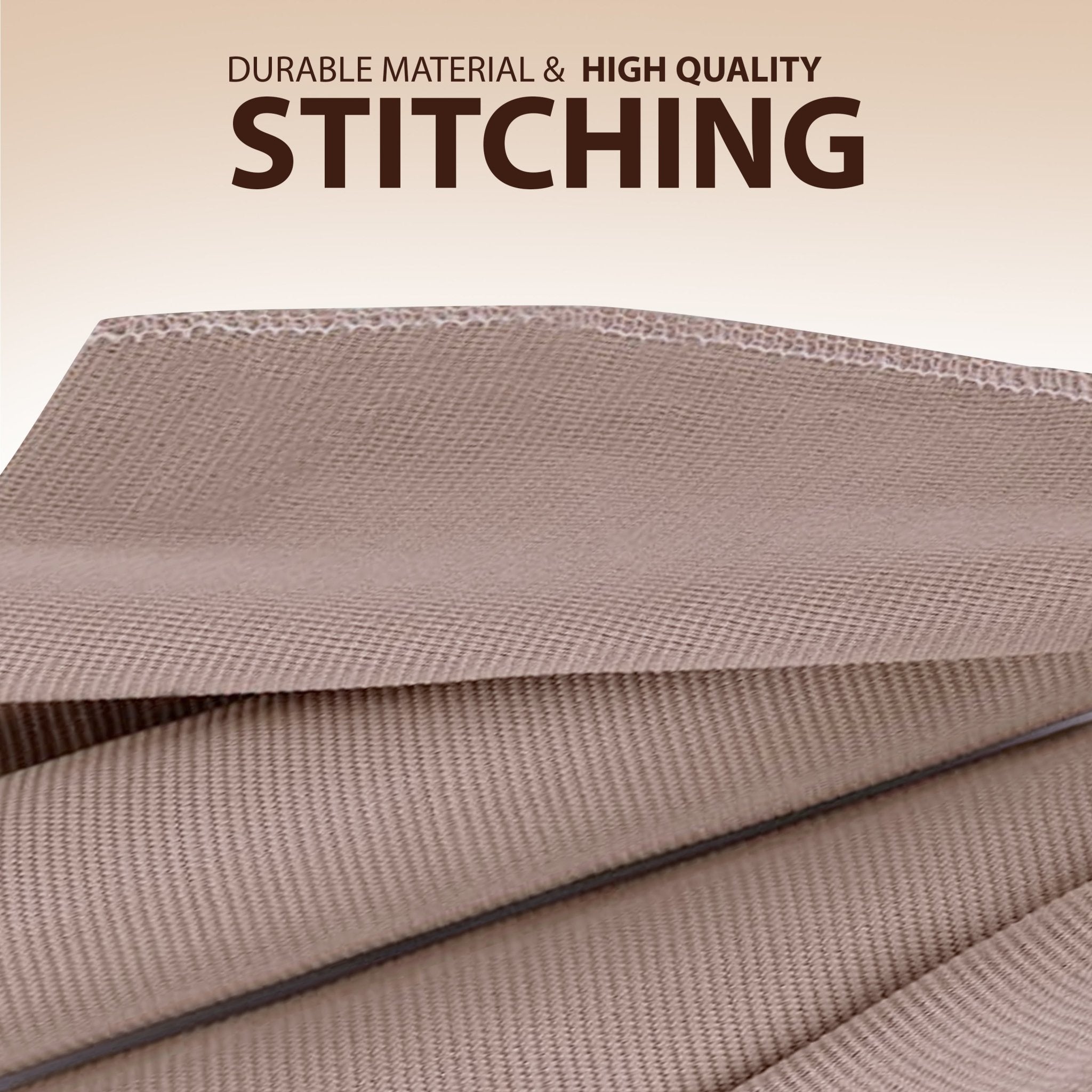 Macro shot of beige bandage fabric texture. Text reads: Durable Material & High Quality Stitching.
