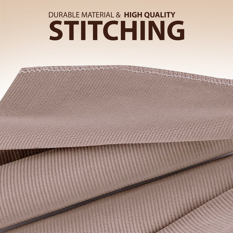 Macro shot of beige bandage fabric texture. Text reads: Durable Material & High Quality Stitching.