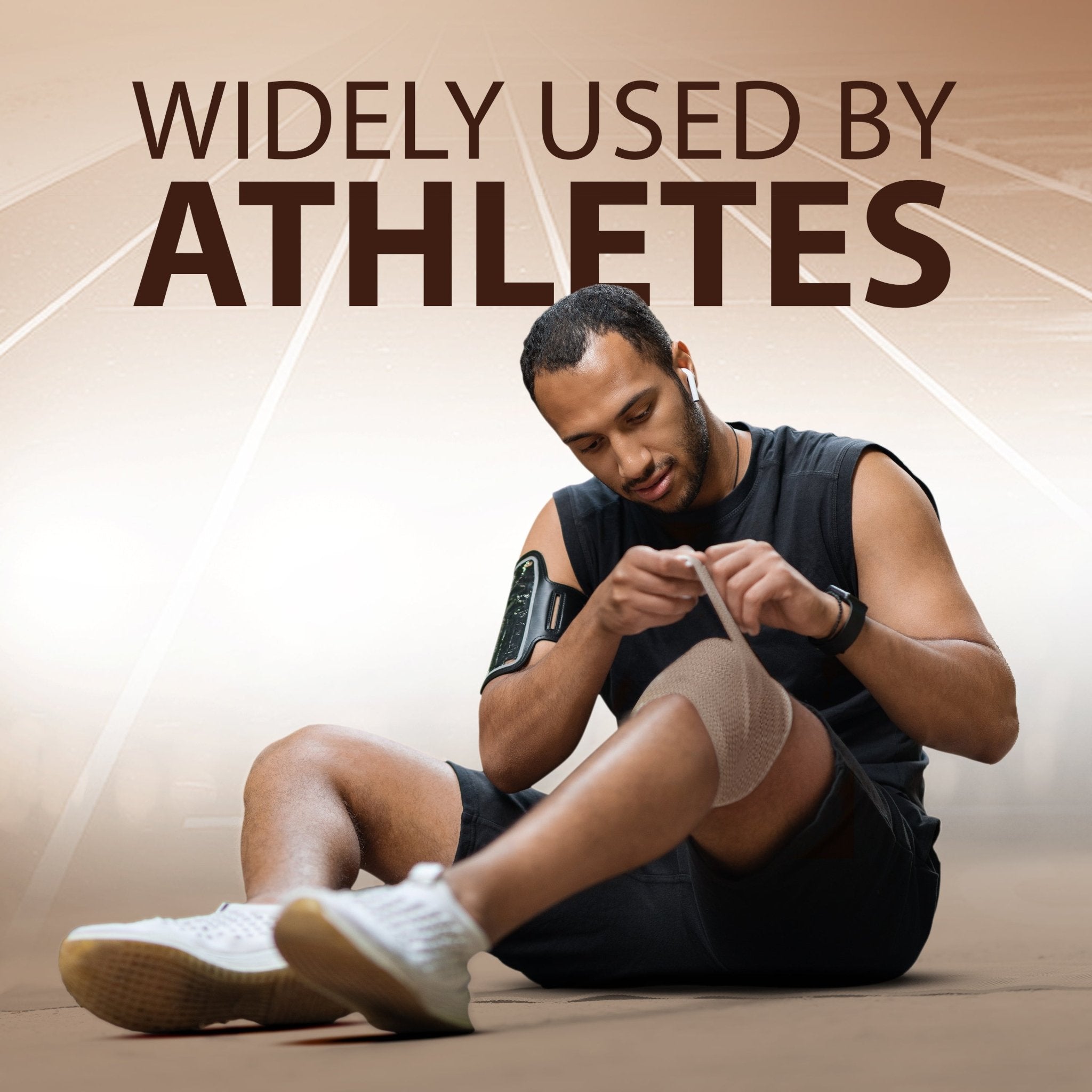 Male athlete sitting on a running track wrapping his knee with a beige elastic bandage. Text reads: Widely Used By Athletes.