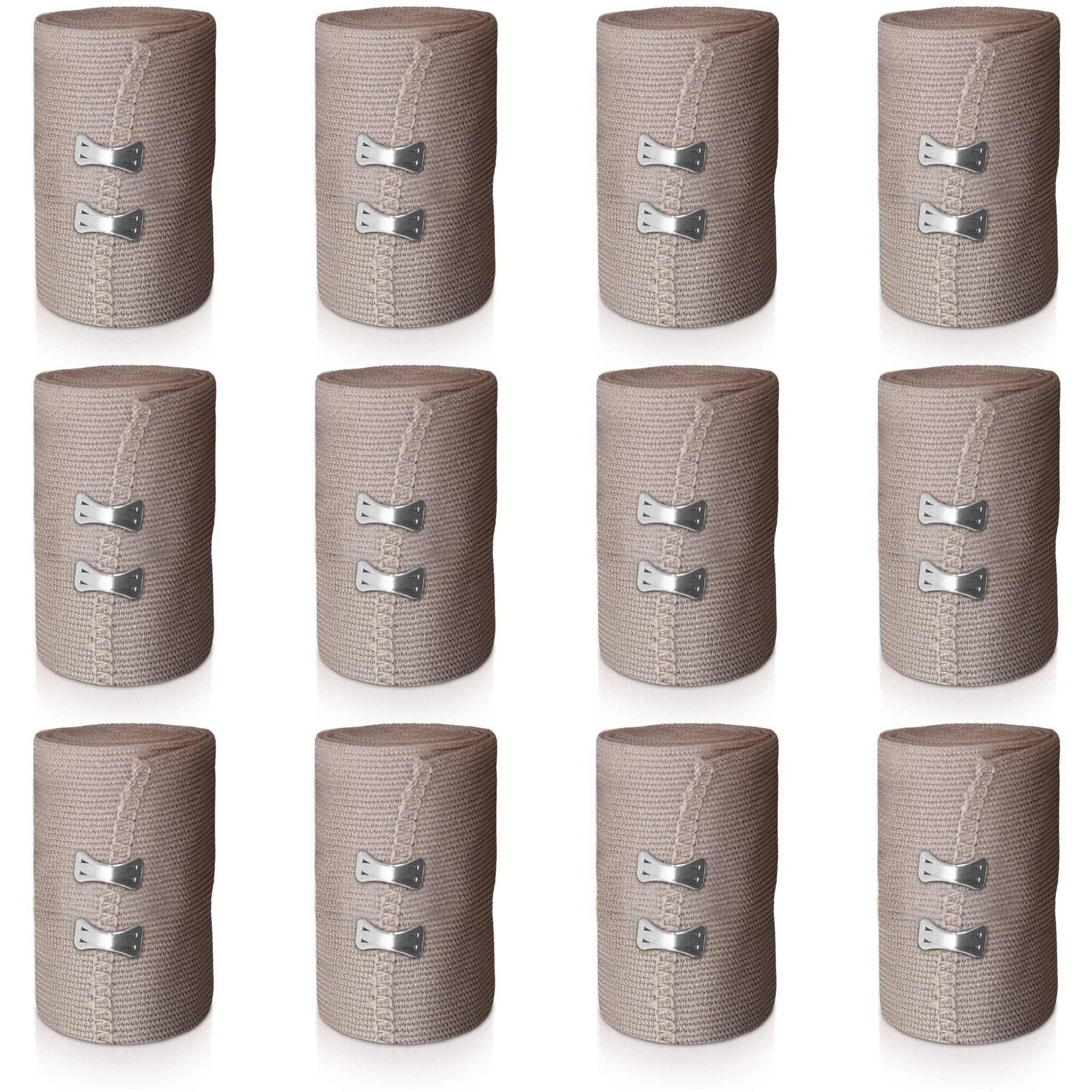 Grid display of 12 medium rolls of beige elastic bandage wraps, each secured with two metal clips.