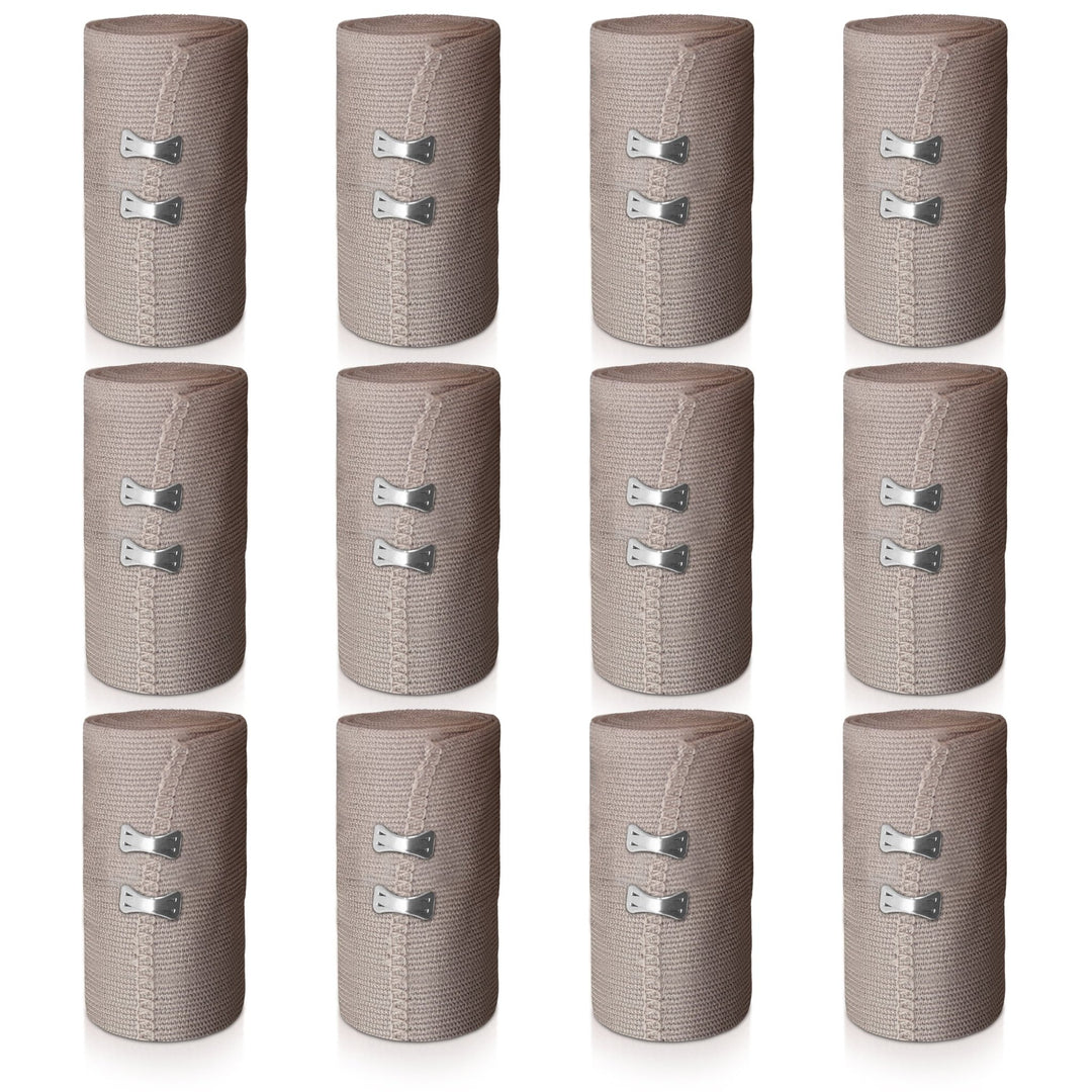 Grid display of 12 large rolls of beige elastic bandage wraps, each secured with two metal clips.