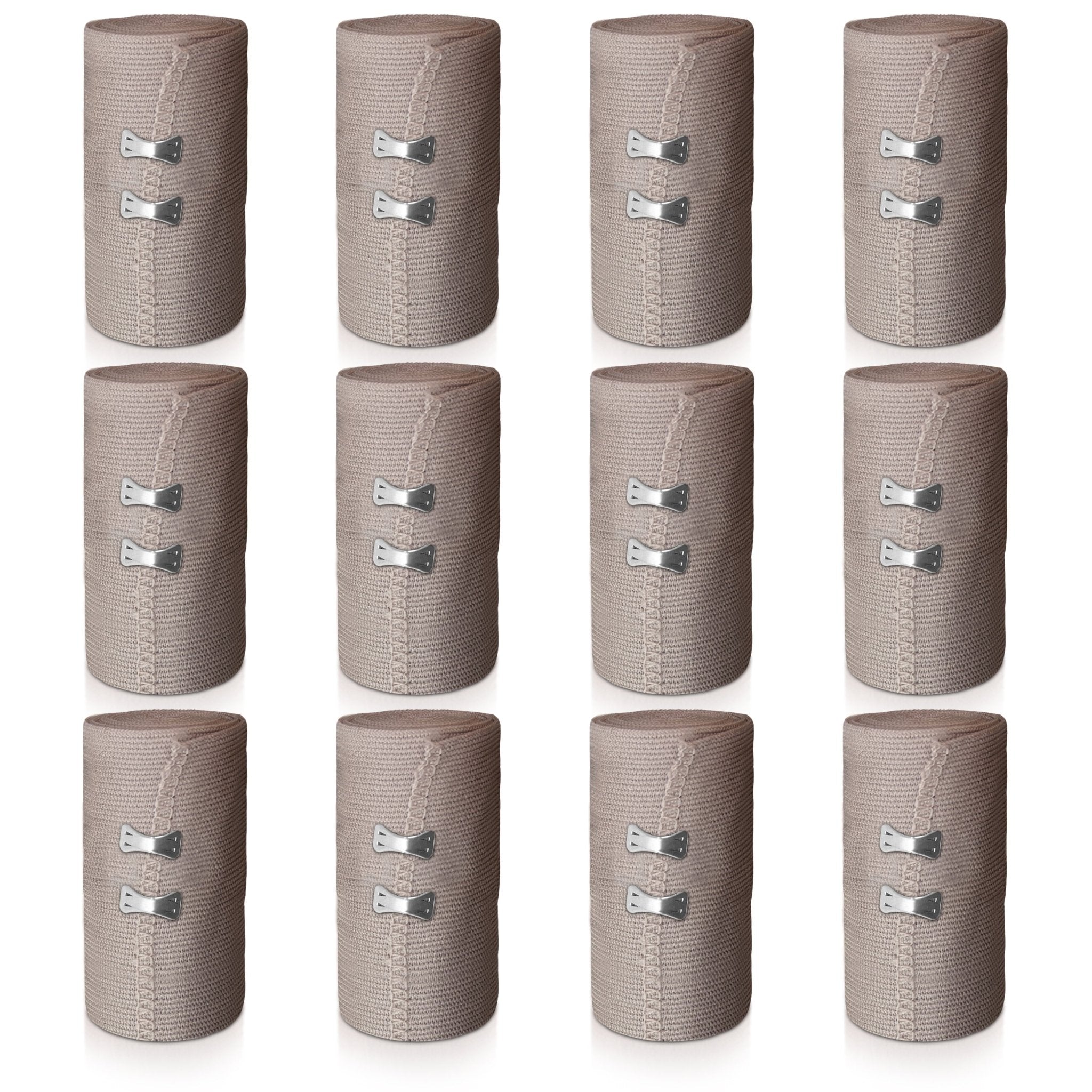 Grid display of 12 large rolls of beige elastic bandage wraps, each secured with two metal clips.