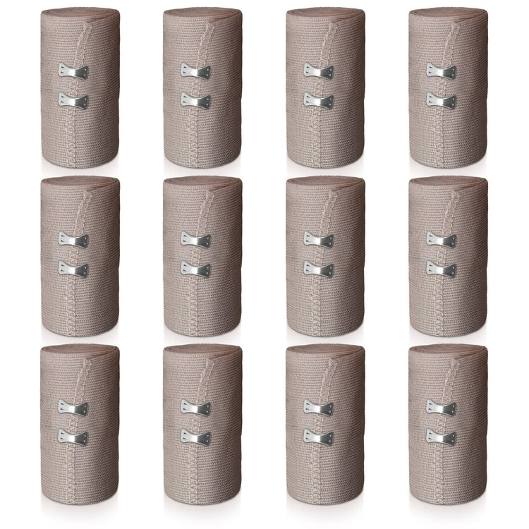 Grid display of 12 large rolls of beige elastic bandage wraps, each secured with two metal clips.