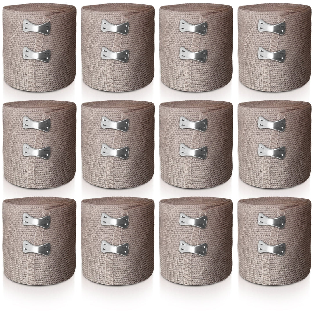 Grid display of 12 small rolls of beige elastic bandage wraps, each secured with two metal clips.