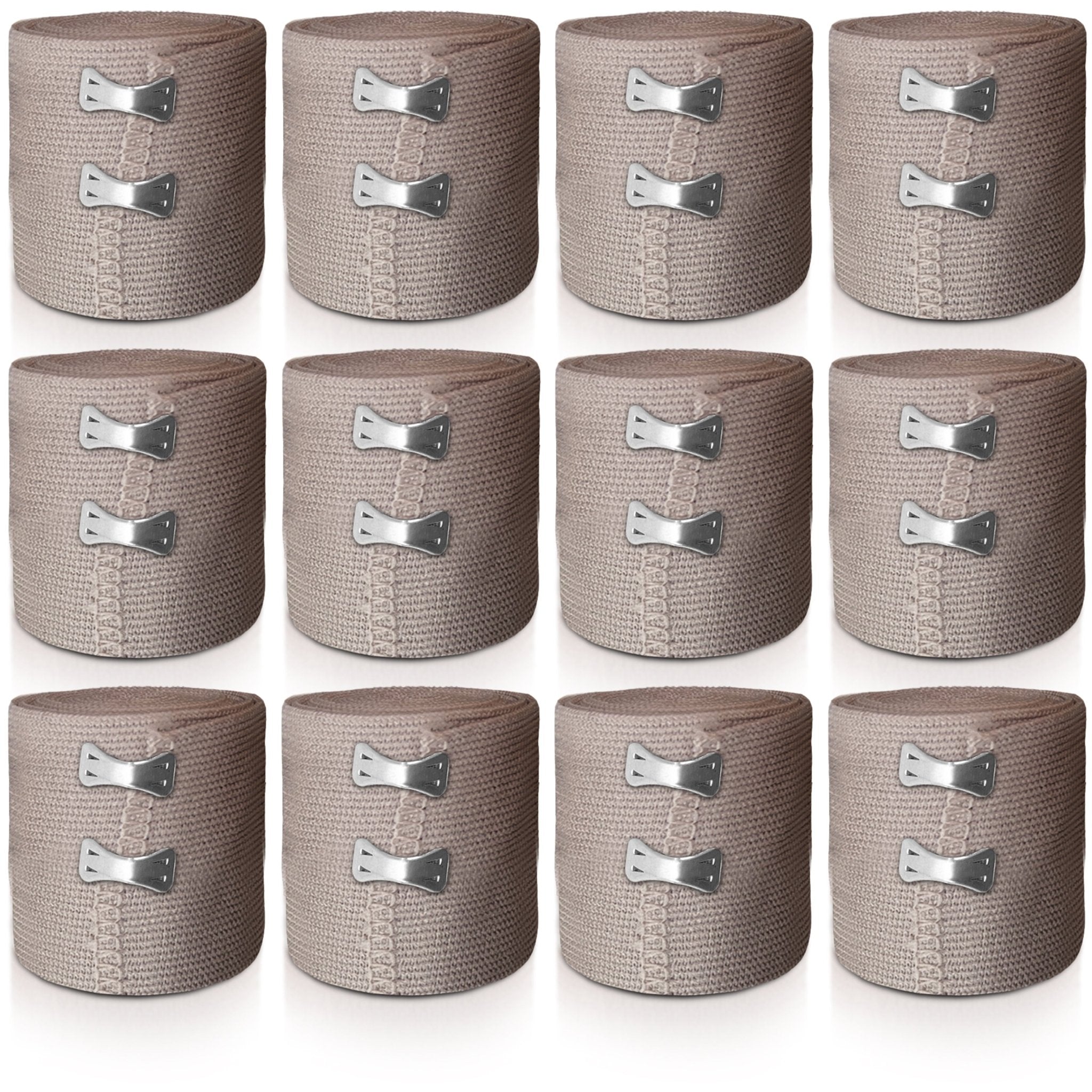 Grid display of 12 small rolls of beige elastic bandage wraps, each secured with two metal clips.