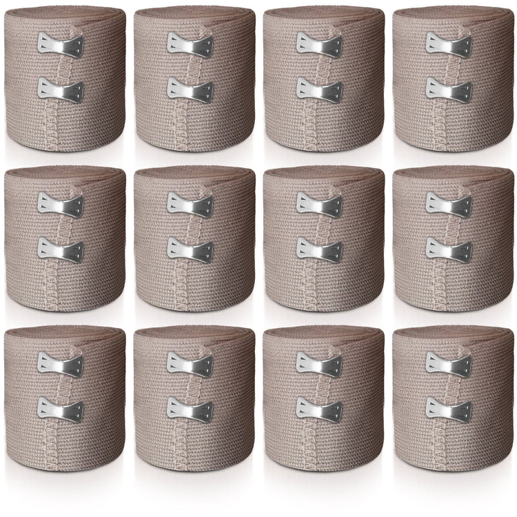 Grid display of 12 small rolls of beige elastic bandage wraps, each secured with two metal clips.