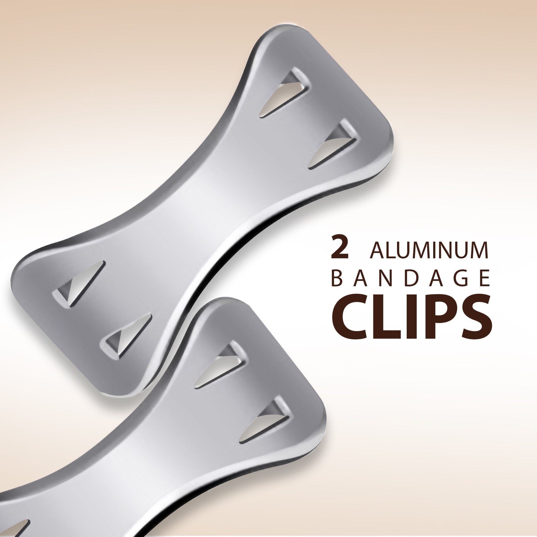 Close-up of two silver aluminum bandage clips. Text reads: 2 Aluminum Bandage Clips.
