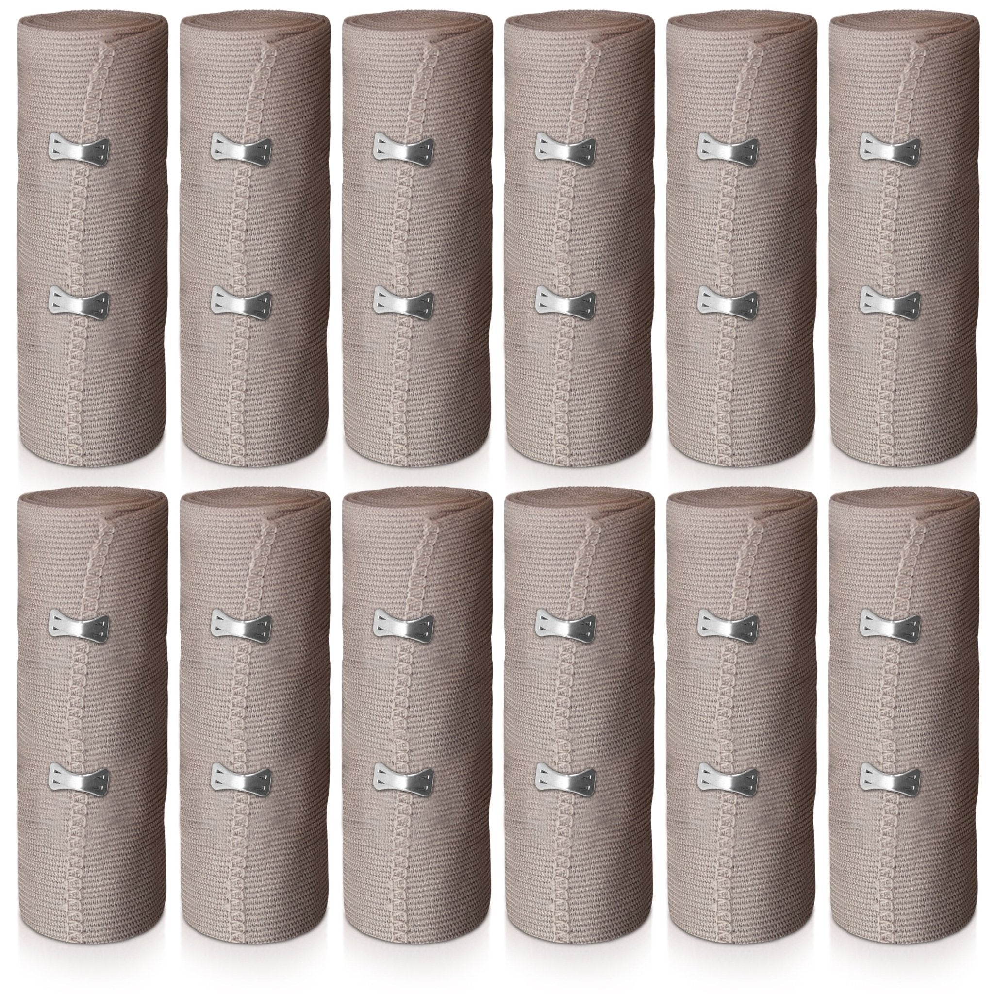 Grid display of 12 X Large rolls of beige elastic bandage wraps, each secured with two metal clips.