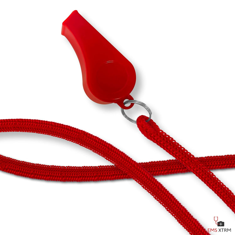Red plastic emergency whistle attached to a red woven lanyard with a silver metal ring.