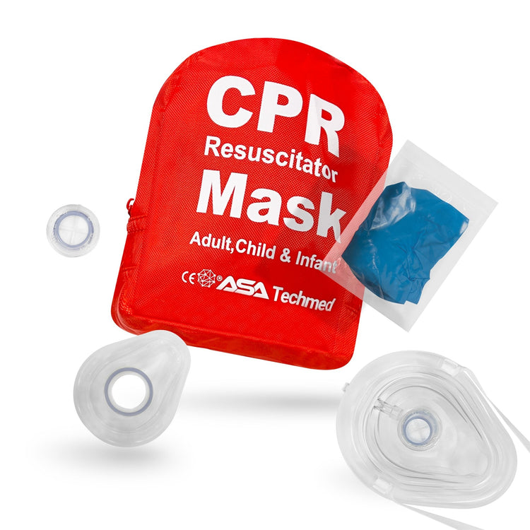 Red zippered pouch labeled "CPR Resuscitator Mask" surrounded by a clear face mask, valves, and blue gloves.