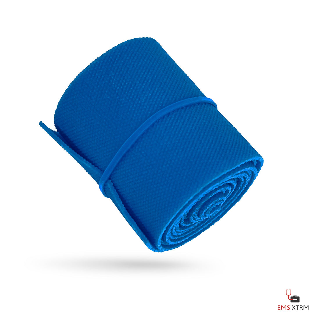 Rolled blue elastic bandage secured with a blue rubber band.