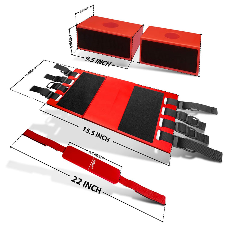 Dimension diagram of the head immobilizer. Blocks are 9.5" x 5.5" x 4". Base plate is 15.5" x 10". Straps are 22" long.