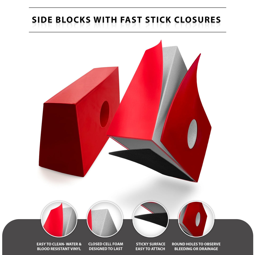 Exploded view of the head blocks showing red vinyl coating, grey foam core, and black velcro bottom. Text reads: Side Blocks With Fast Stick Closures.