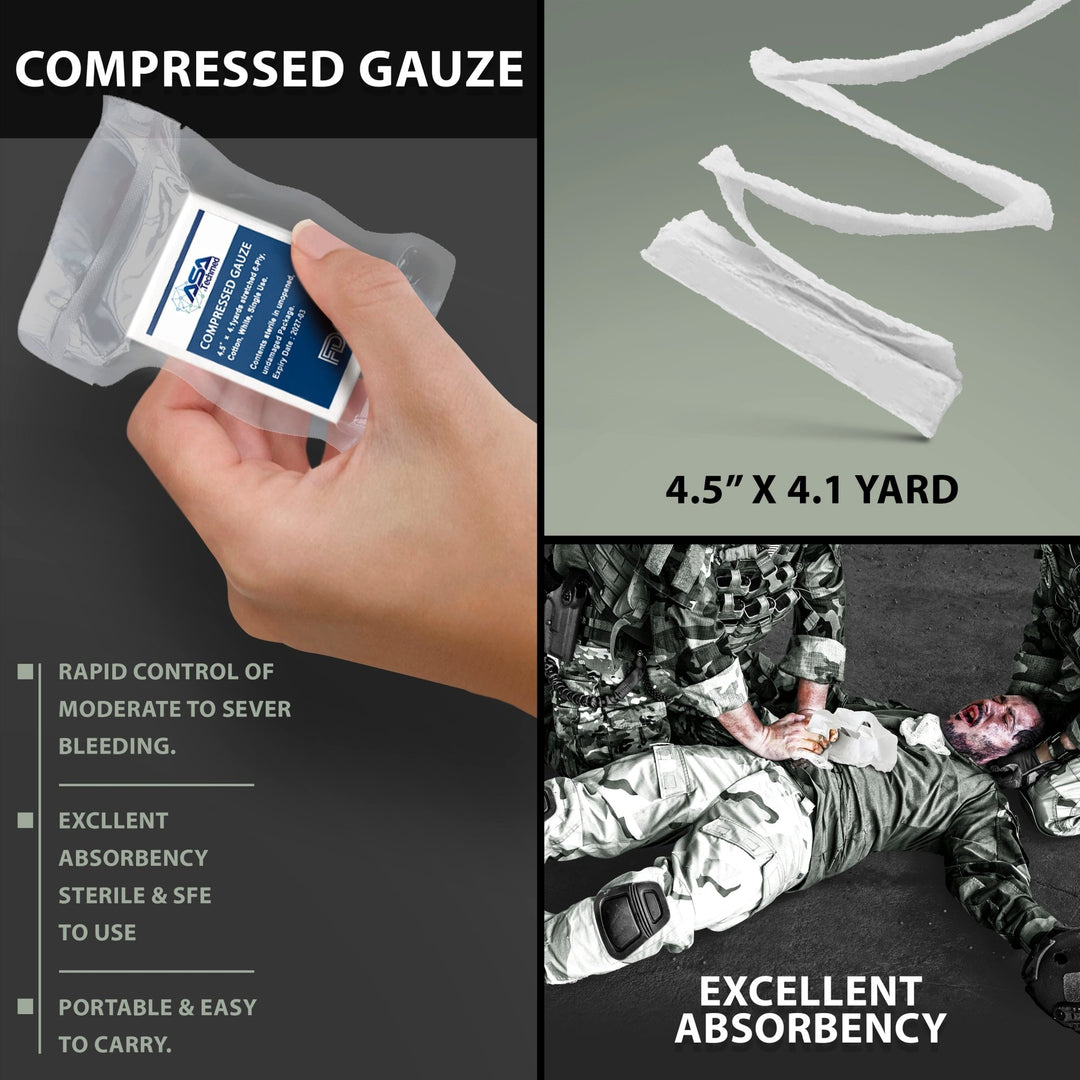 Infographic for Compressed Gauze showing the package, an unfolded Z-fold strip, and a soldier treating a casualty.