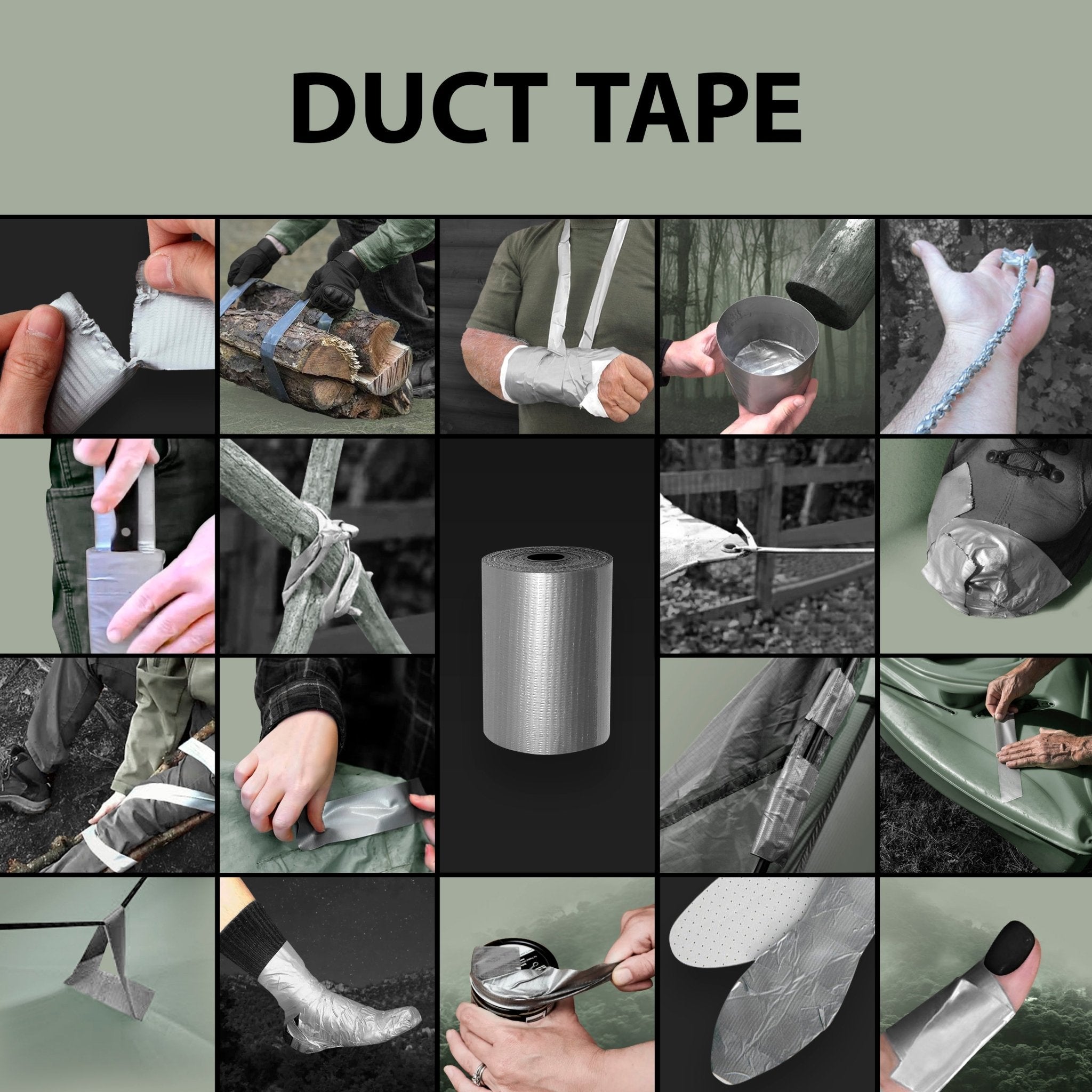 Collage titled "Duct Tape" showing a central roll of silver tape surrounded by 16 images of survival and repair applications, such as making a sling, repairing boots, and building shelter.