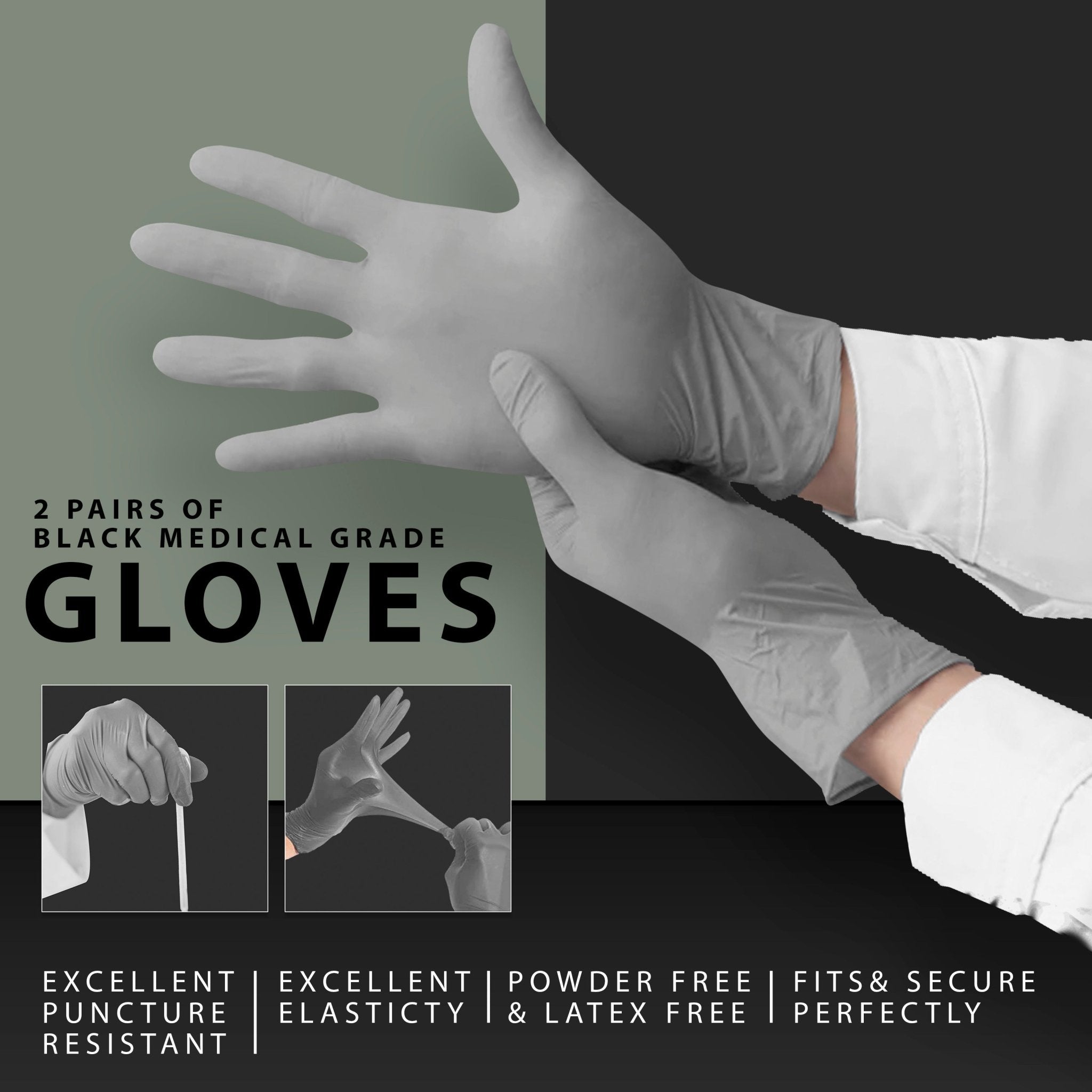 Infographic for medical grade gloves showing hands putting them on, with text highlighting puncture resistance and elasticity.