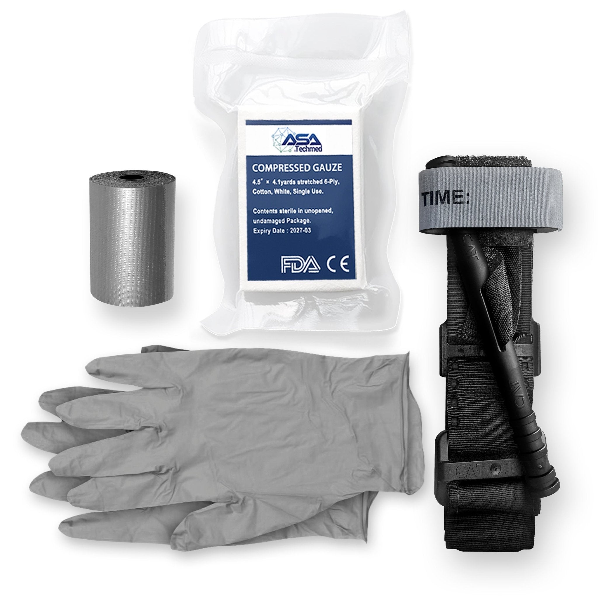 Flat lay photo of the trauma kit contents: silver duct tape, compressed gauze package, grey nitrile gloves, and a black tourniquet.