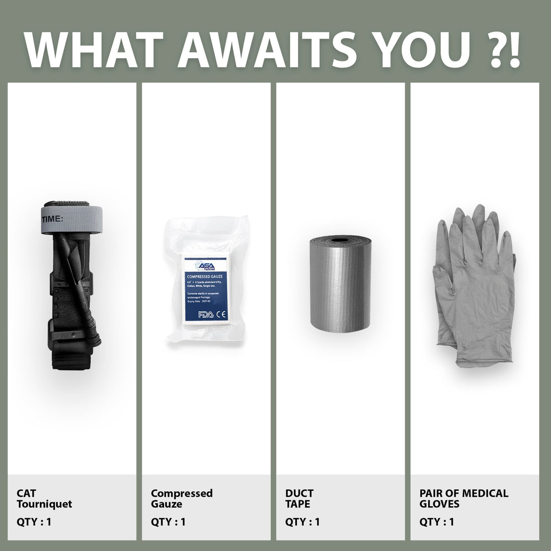 Product content summary titled "What Awaits You?!" listing a CAT tourniquet, compressed gauze, duct tape, and medical gloves.
