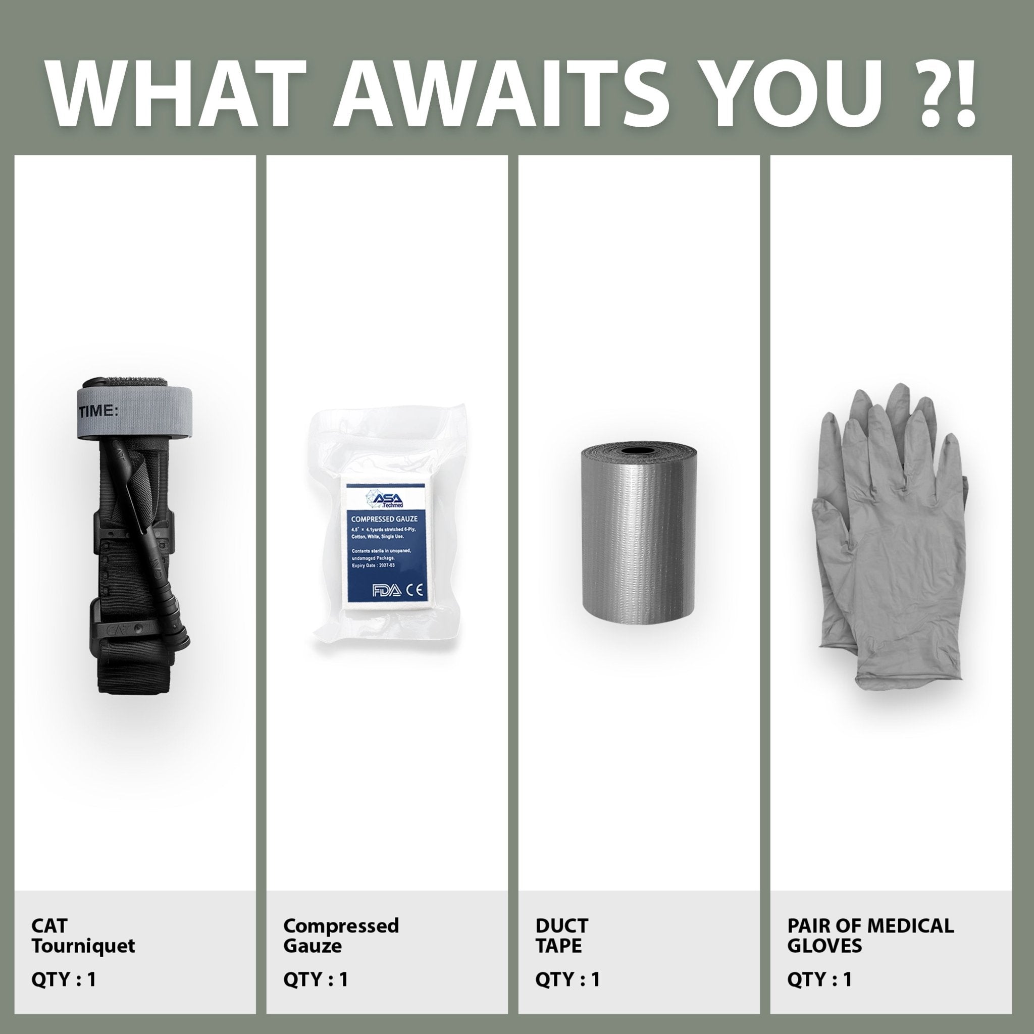 Product content summary titled "What Awaits You?!" listing a CAT tourniquet, compressed gauze, duct tape, and medical gloves.