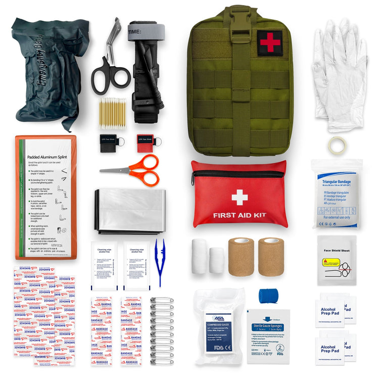 Flat lay display of a green tactical first aid kit, featuring an olive drab MOLLE pouch, tourniquet, splint, shears, and medical supplies.