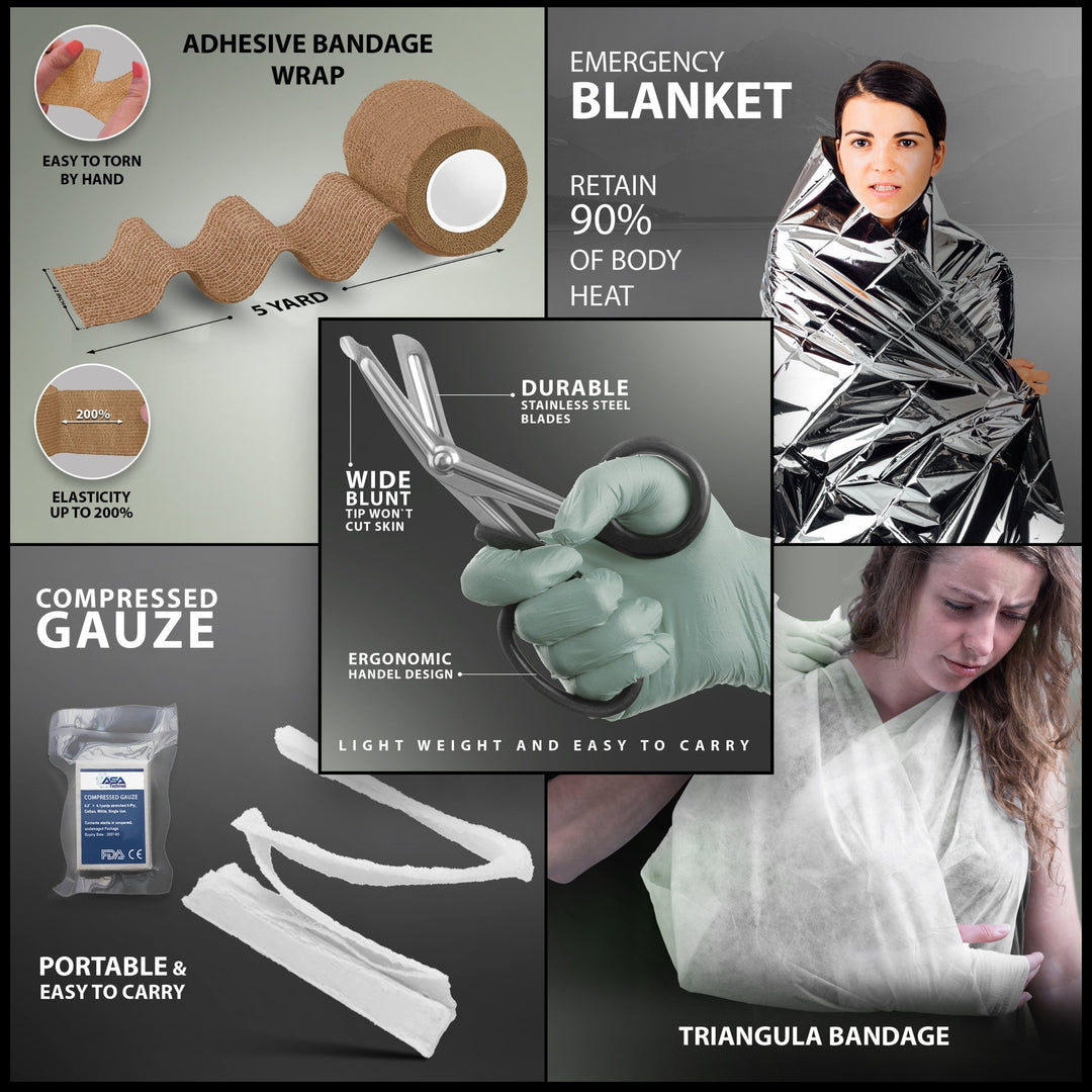 Collage showing features of five medical items: Adhesive Bandage, Emergency Blanket, Compressed Gauze, Trauma Shears, and Triangular Bandage.