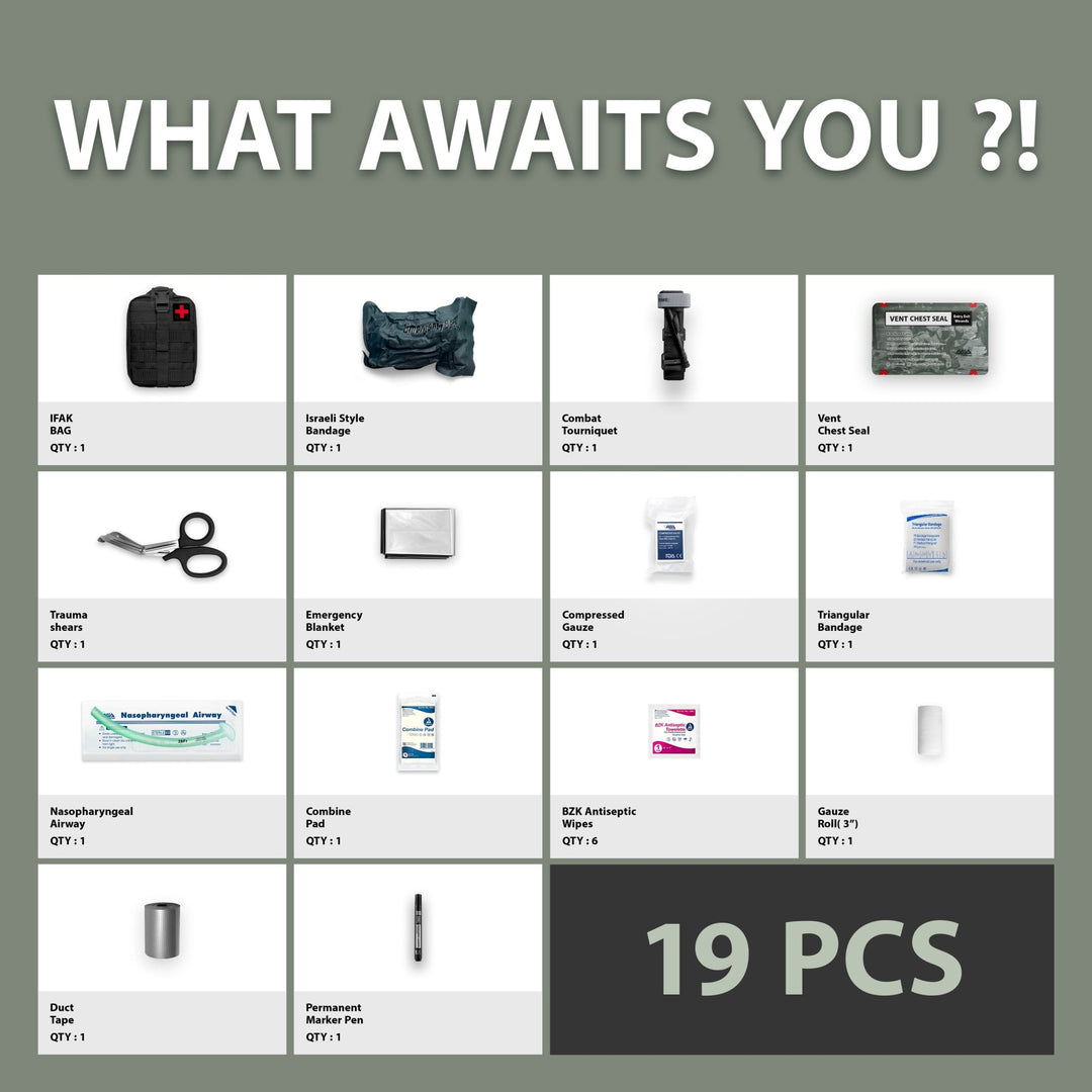 Inventory grid titled "WHAT AWAITS YOU?! 19 PCS" showing components of a black IFAK bag kit including tourniquet, chest seal, and nasopharyngeal airway.
