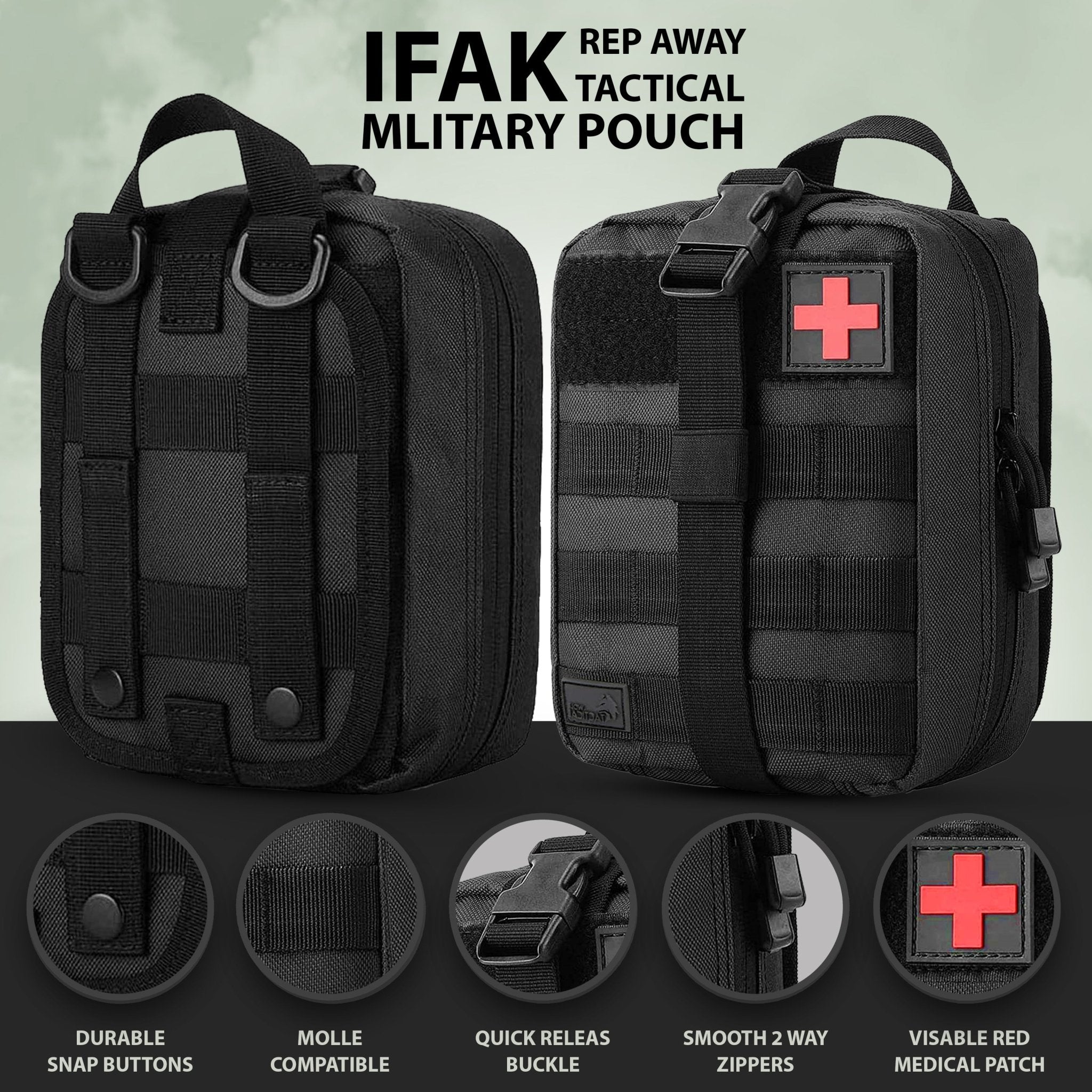 Front and back view of a black tactical military pouch showing MOLLE straps, snap buttons, buckle, and red cross patch.