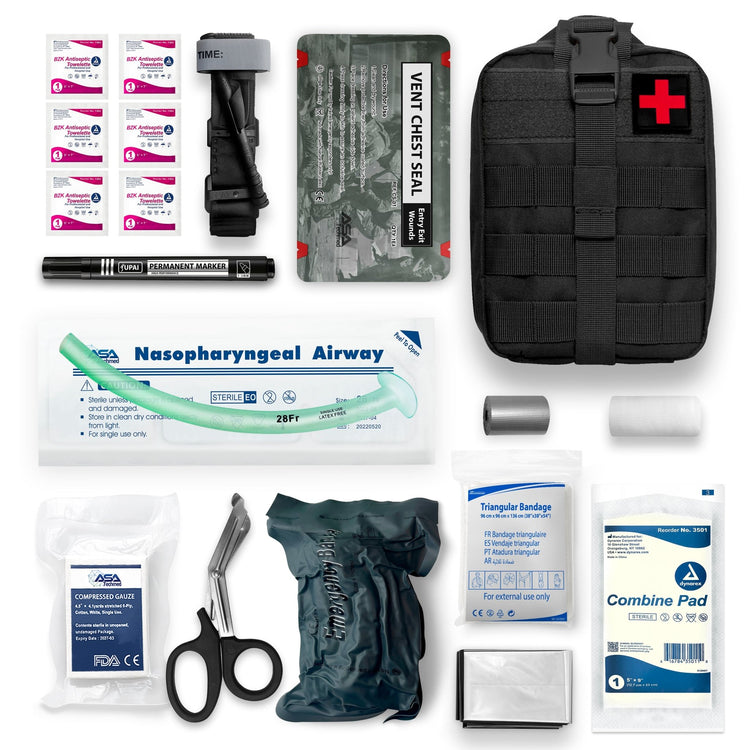 Flat lay of 19-piece tactical kit contents including chest seal, airway, and marker.
