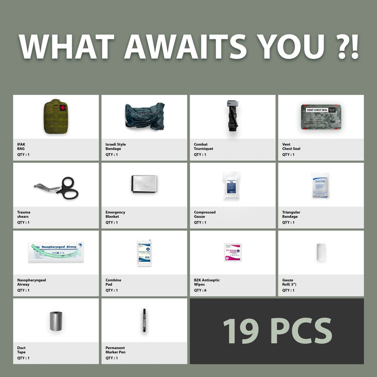 Inventory grid titled "WHAT AWAITS YOU?! 19 PCS" showing components of a green IFAK bag kit including tourniquet, chest seal, and nasopharyngeal airway.