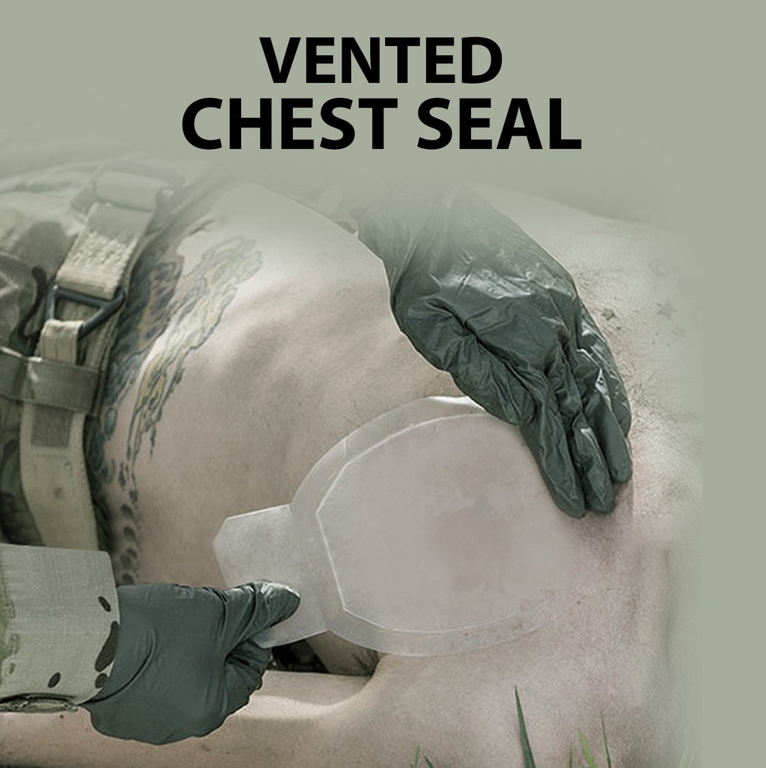 Action shot of a vented chest seal being applied to a patient's chest by hands wearing green gloves. Text reads: Vented Chest Seal.