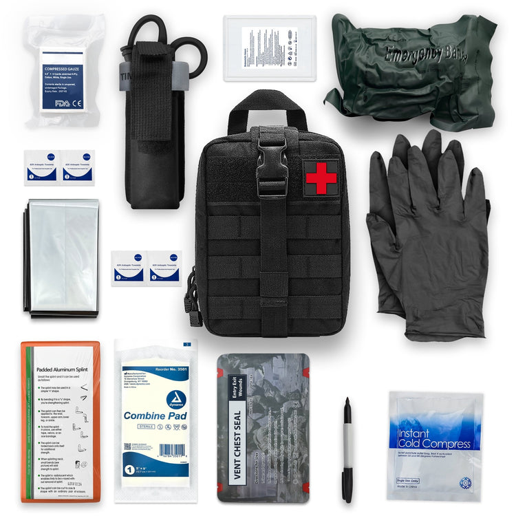 A flat-lay photograph showing a black tactical first aid bag in the center, surrounded by its unpacked contents. The items include a tourniquet, green emergency bandage, compressed gauze, chest seal, splint, gloves, shears, antiseptic wipes, and a cold compress, all arranged neatly against a white background.