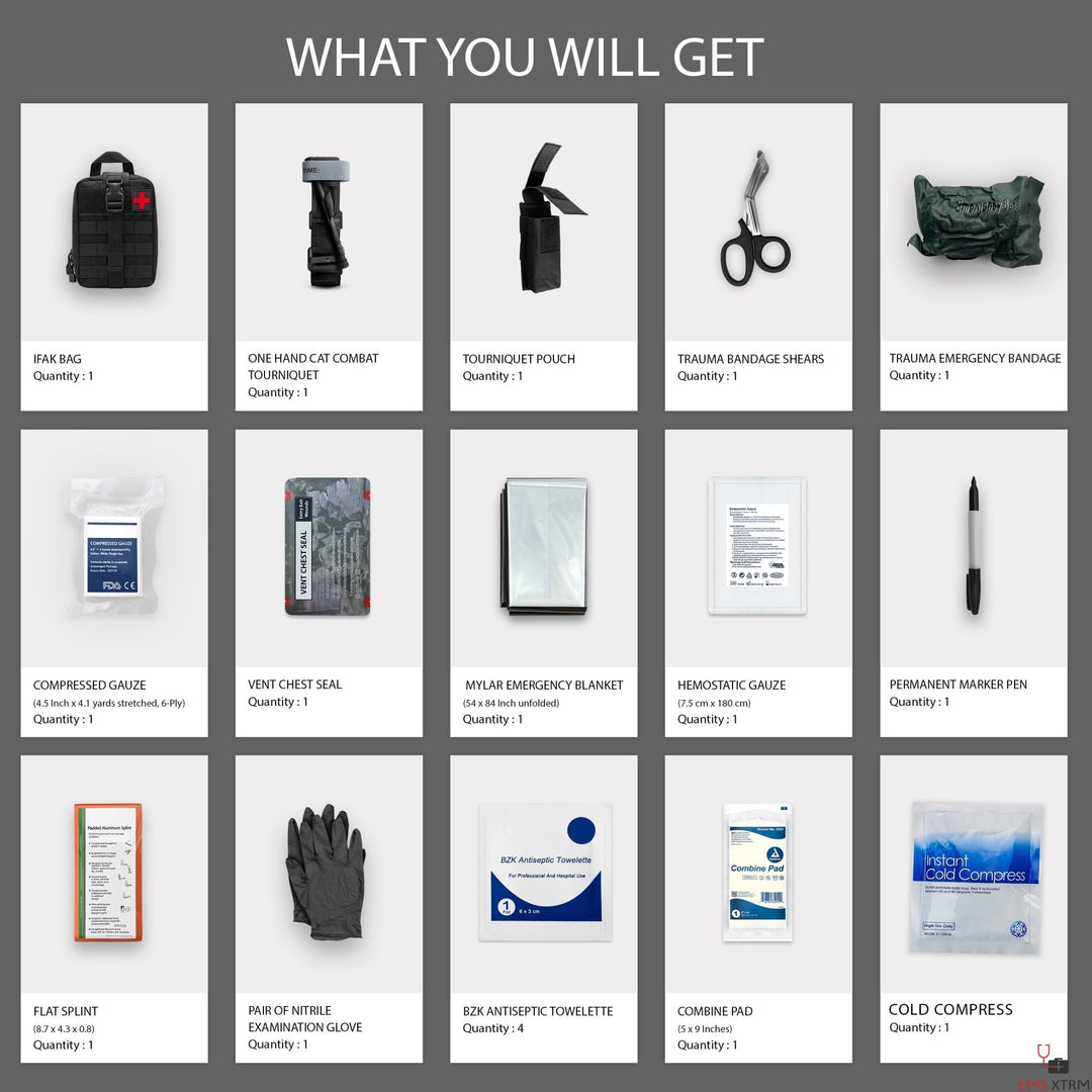 A product inventory grid titled "WHAT YOU WILL GET" displaying 15 individual items included in the kit. Items shown include an IFAK bag, combat tourniquet, tourniquet pouch, trauma shears, emergency bandage, compressed gauze, chest seal, emergency blanket, hemostatic gauze, marker pen, flat splint, nitrile gloves, antiseptic towelettes, combine pad, and a cold compress.