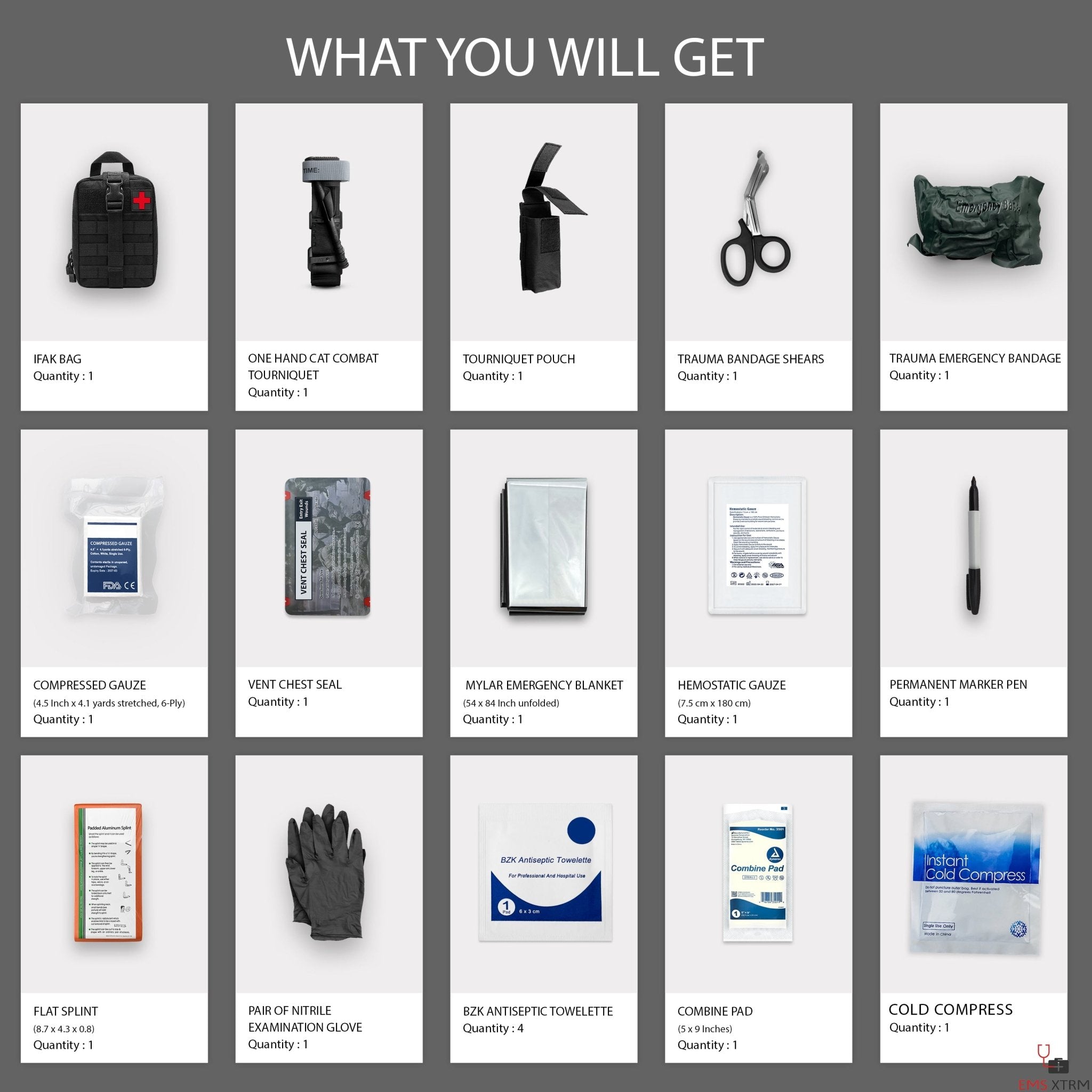 A product inventory grid titled "WHAT YOU WILL GET" displaying 15 individual items included in the kit. Items shown include an IFAK bag, combat tourniquet, tourniquet pouch, trauma shears, emergency bandage, compressed gauze, chest seal, emergency blanket, hemostatic gauze, marker pen, flat splint, nitrile gloves, antiseptic towelettes, combine pad, and a cold compress.