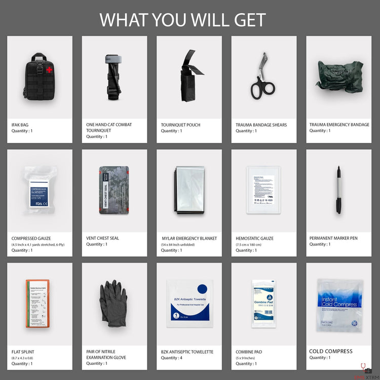 A product inventory grid titled "WHAT YOU WILL GET" displaying 15 individual items included in the kit. Items shown include an IFAK bag, combat tourniquet, tourniquet pouch, trauma shears, emergency bandage, compressed gauze, chest seal, emergency blanket, hemostatic gauze, marker pen, flat splint, nitrile gloves, antiseptic towelettes, combine pad, and a cold compress.
