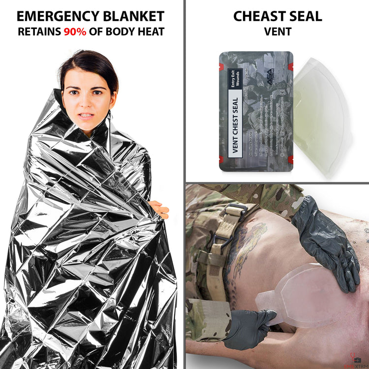 A split image displaying emergency tools. On the left, a woman is wrapped in a silver Mylar emergency blanket, with text stating it "Retains 90% of Body Heat." on the right, a "Vent Chest Seal" is shown in its packaging above, and applied to a human torso by gloved hands below.