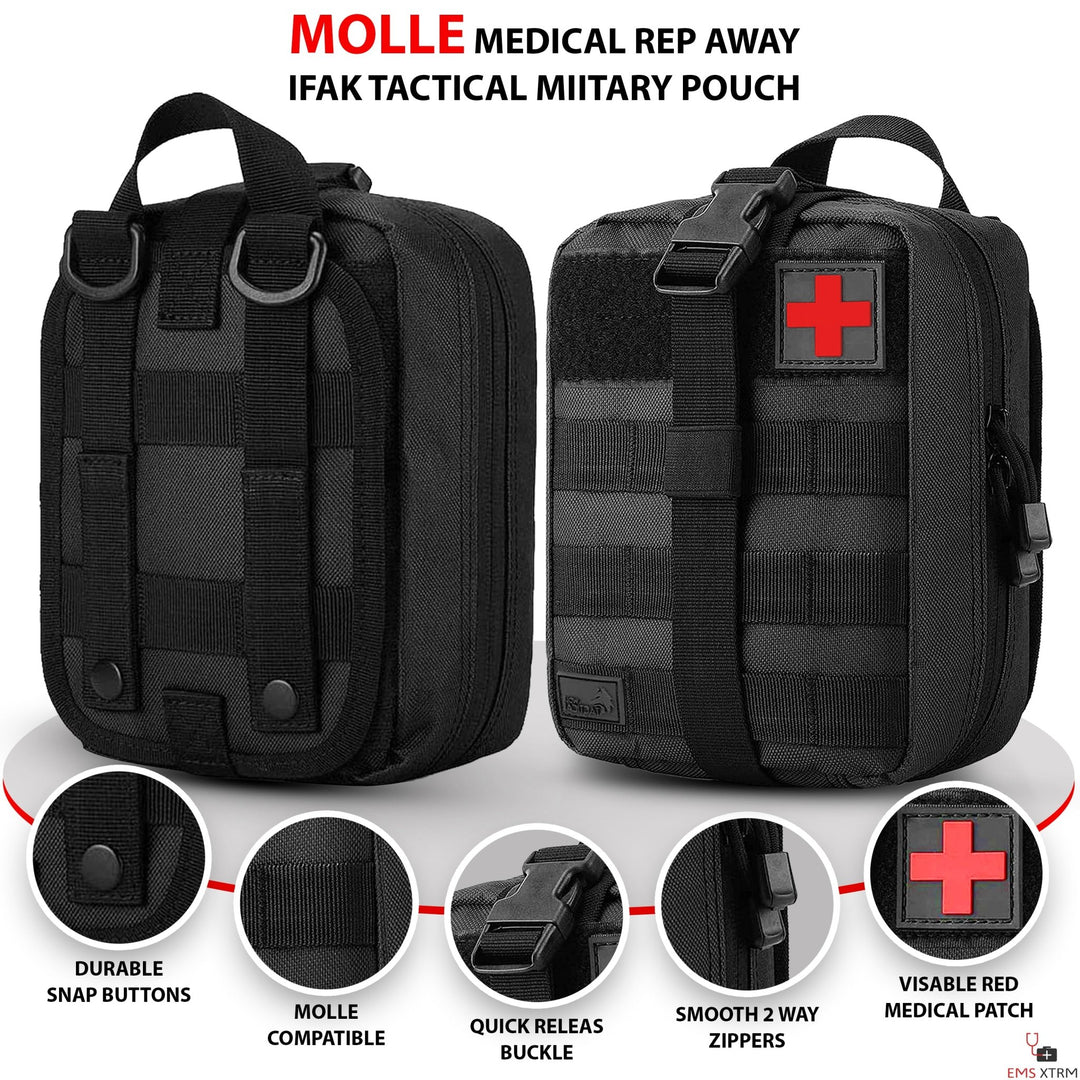 Promotional image showing the front and back views of a black "IFAK Tactical Military Pouch." The bag features MOLLE straps and a red cross patch. Circular insets at the bottom highlight features like durable snap buttons, MOLLE compatibility, a quick-release buckle, smooth 2-way zippers, and the visible red medical patch.