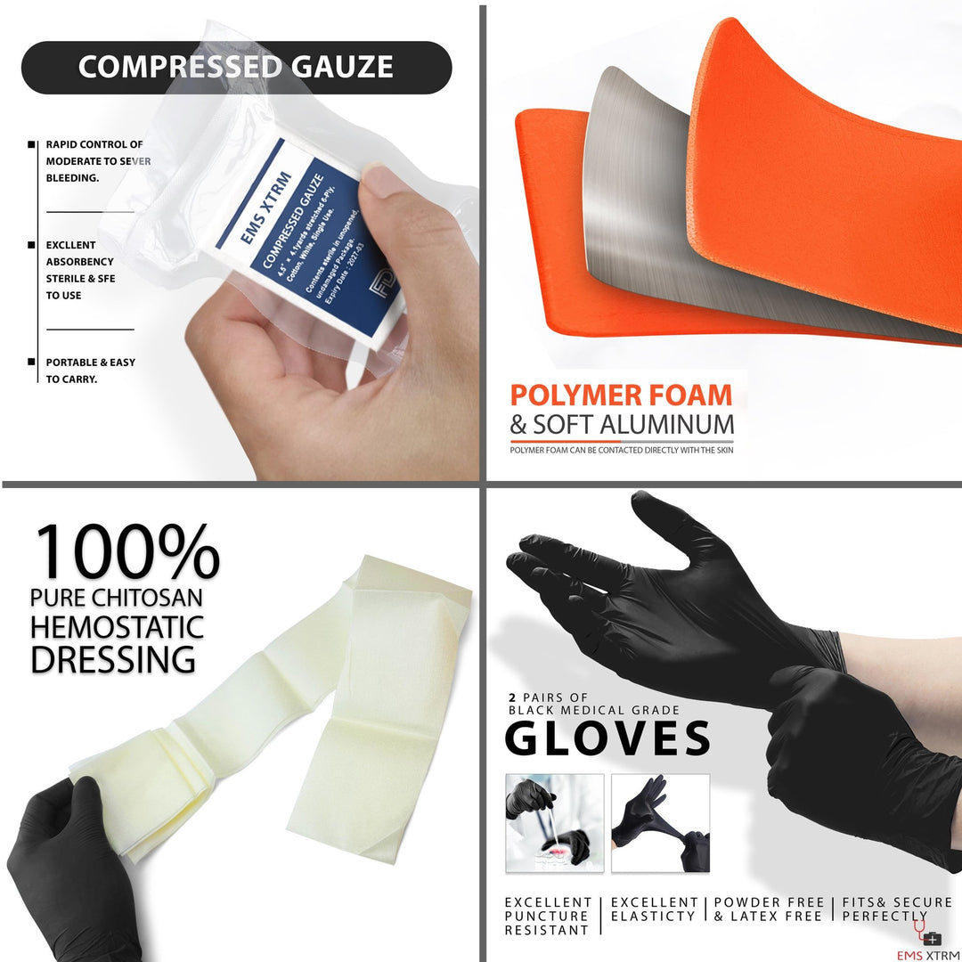 A four-part composite image detailing medical supplies. Top left: A hand holding a pack of "EMS XTRM" compressed gauze. Top right: A close-up cross-section of a splint showing layers of orange polymer foam and soft aluminum. Bottom left: Unfolded hemostatic dressing made of 100% pure chitosan. Bottom right: Hands putting on black medical-grade nitrile gloves.