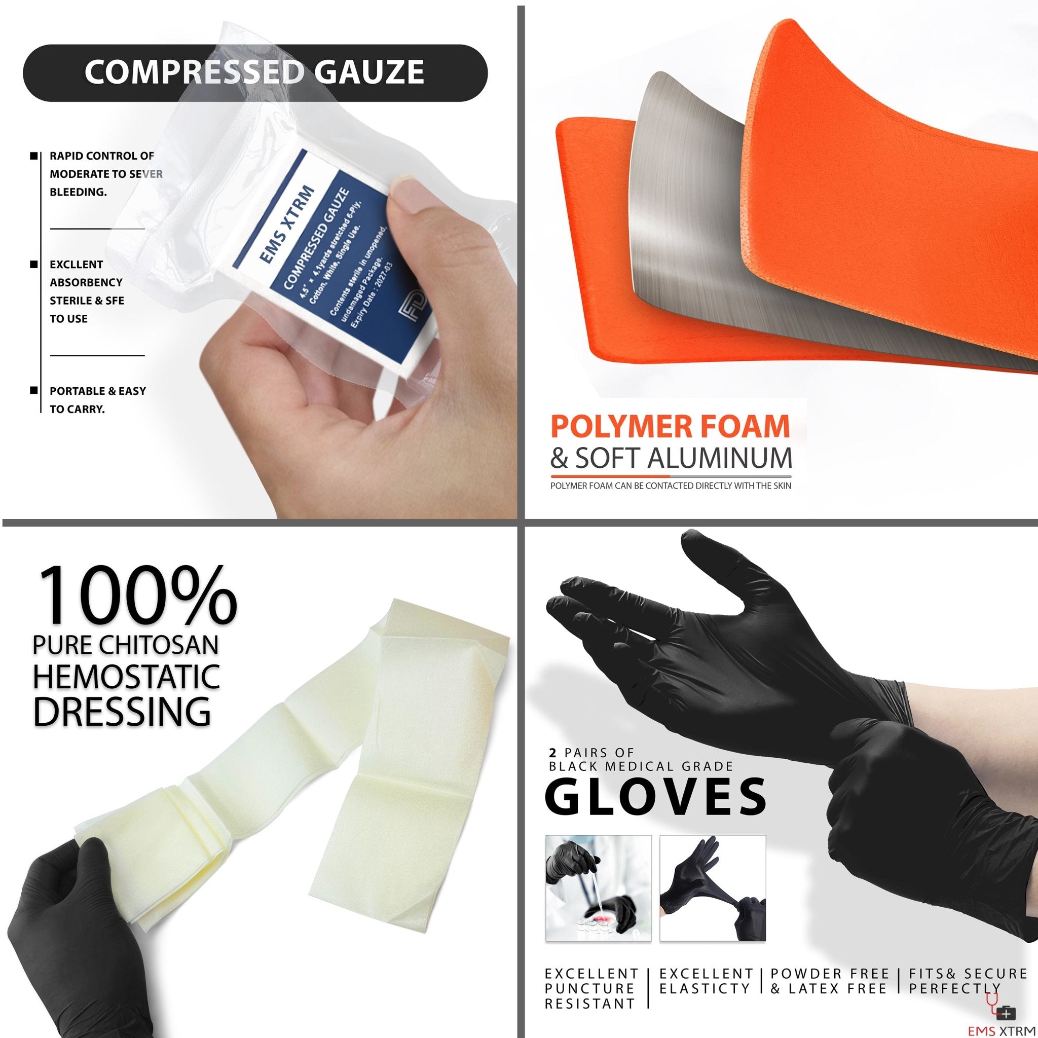 A four-part composite image detailing medical supplies. Top left: A hand holding a pack of "EMS XTRM" compressed gauze. Top right: A close-up cross-section of a splint showing layers of orange polymer foam and soft aluminum. Bottom left: Unfolded hemostatic dressing made of 100% pure chitosan. Bottom right: Hands putting on black medical-grade nitrile gloves.