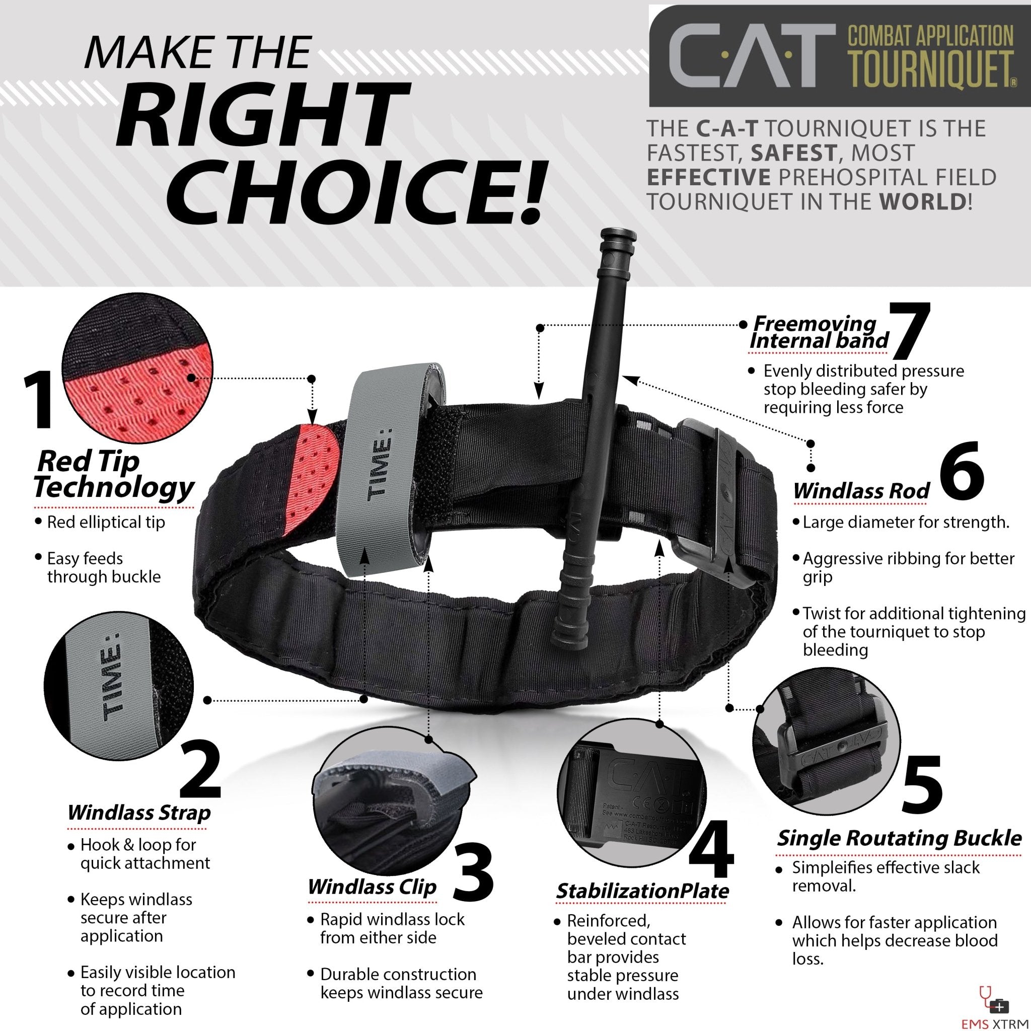 An infographic titled "MAKE THE RIGHT CHOICE!" detailing the features of a CAT Combat Application Tourniquet. The image highlights 7 key components with close-ups, including the red tip technology, windlass strap, windlass clip, stabilization plate, single routing buckle, windlass rod, and free-moving internal band.