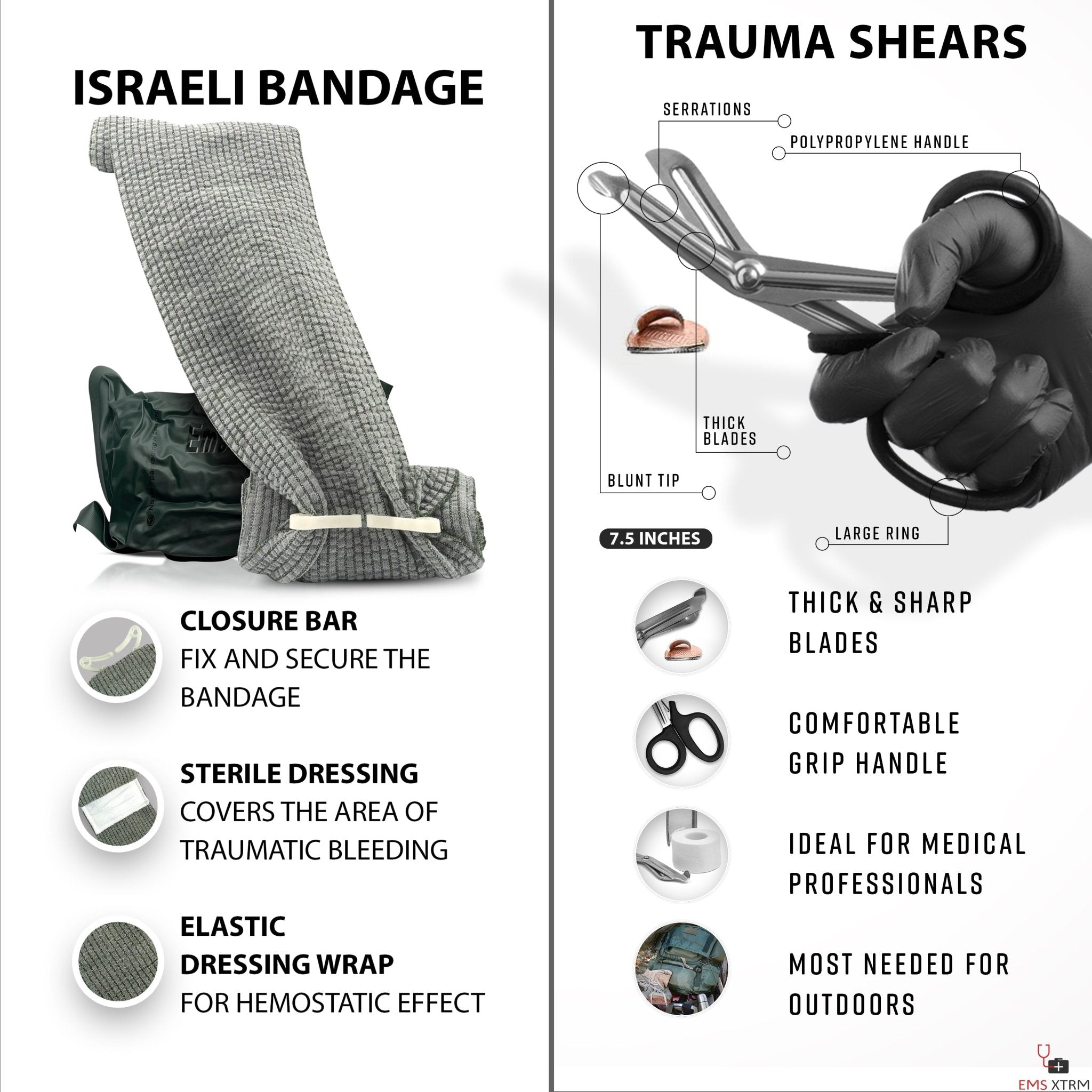 A split infographic. The left side features an "Israeli Bandage," highlighting the closure bar, sterile dressing, and elastic wrap. The right side features "Trauma Shears," pointing out the serrations, polypropylene handle, blunt tip, and thick sharp blades being held by a gloved hand.