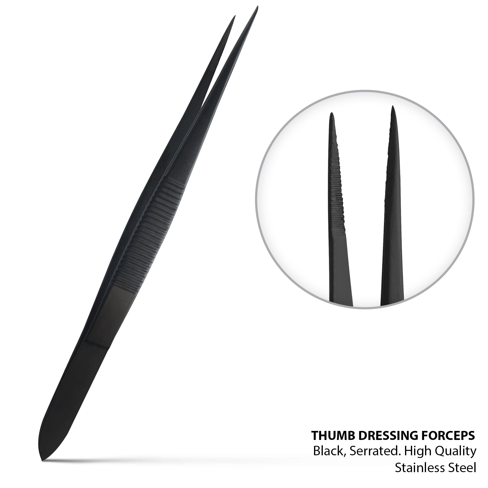 Black thumb dressing forceps (tweezers) with a circular inset showing the serrated gripping tips.