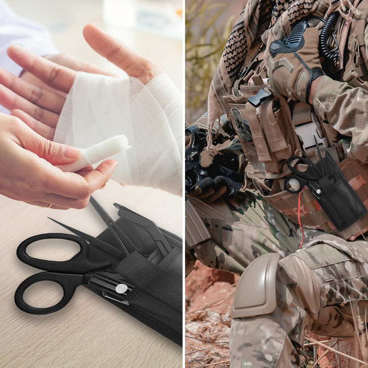 A split image showing a hand wrapping a white bandage on the left, and a soldier in camouflage gear wearing a medical pouch on the right.