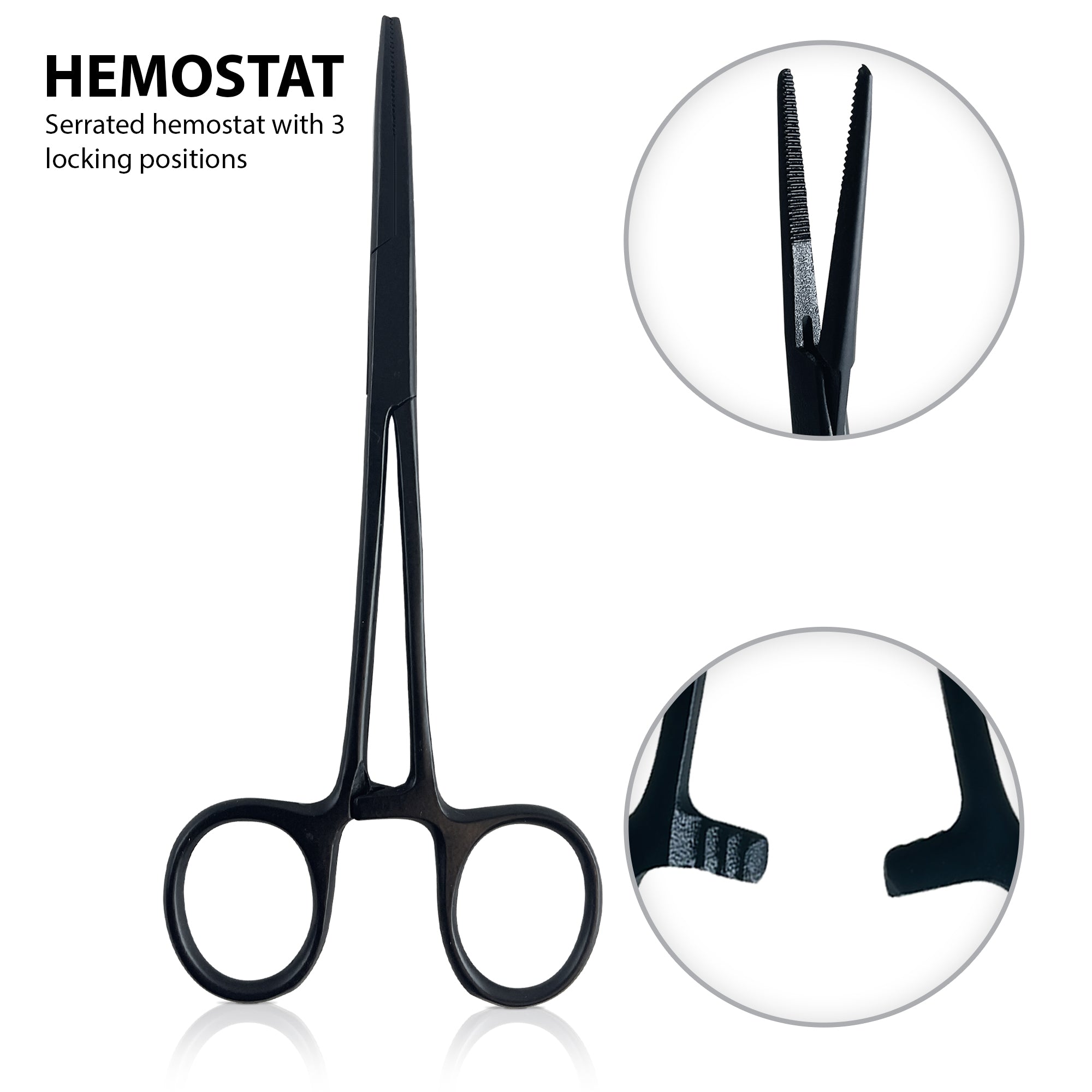 Black hemostat forceps shown with circular zoom-in details of the serrated locking jaws and handle.