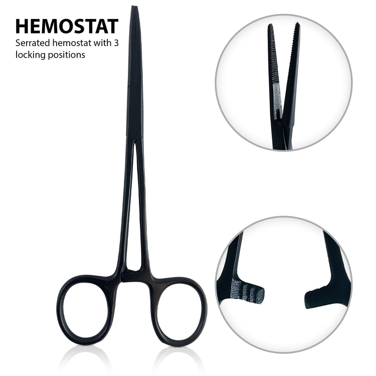 Black hemostat forceps shown with circular zoom-in details of the serrated locking jaws and handle.