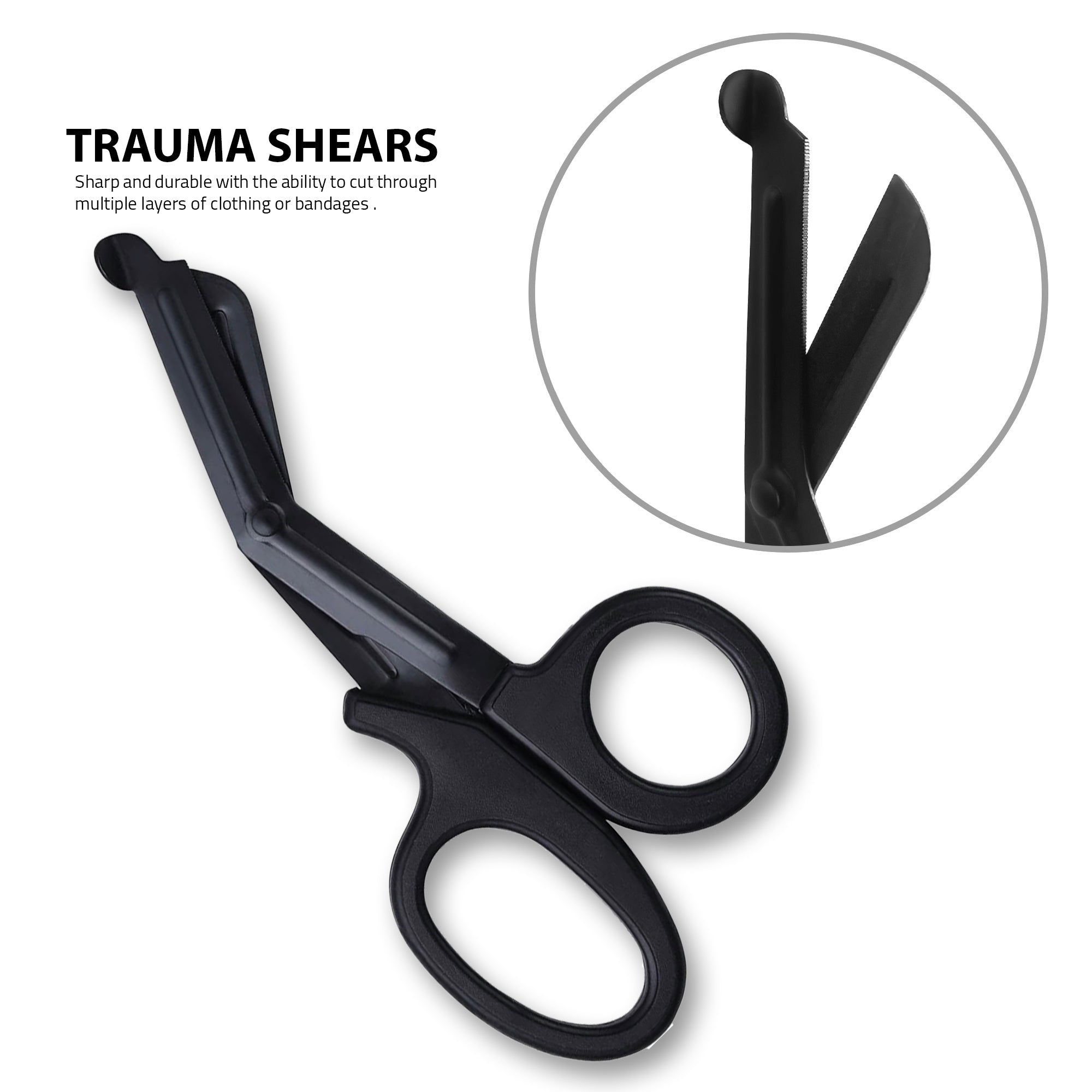 Black trauma shears shown with a circular zoom-in highlighting the serrated blade and blunt tip.