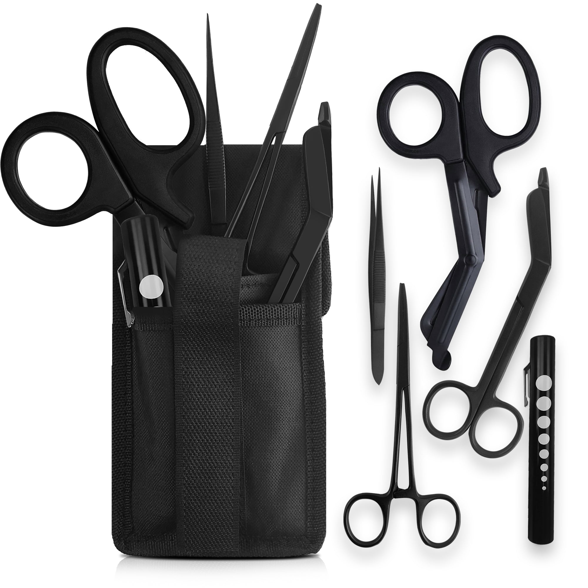 A complete set of black tactical medical tools including shears, hemostats, tweezers, a pen light, and a nylon carrying pouch.